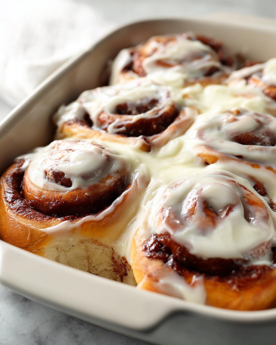 Close-up of several freshly baked, soft cinnamon buns covered in thick white cream cheese frosting in a light baking dish.