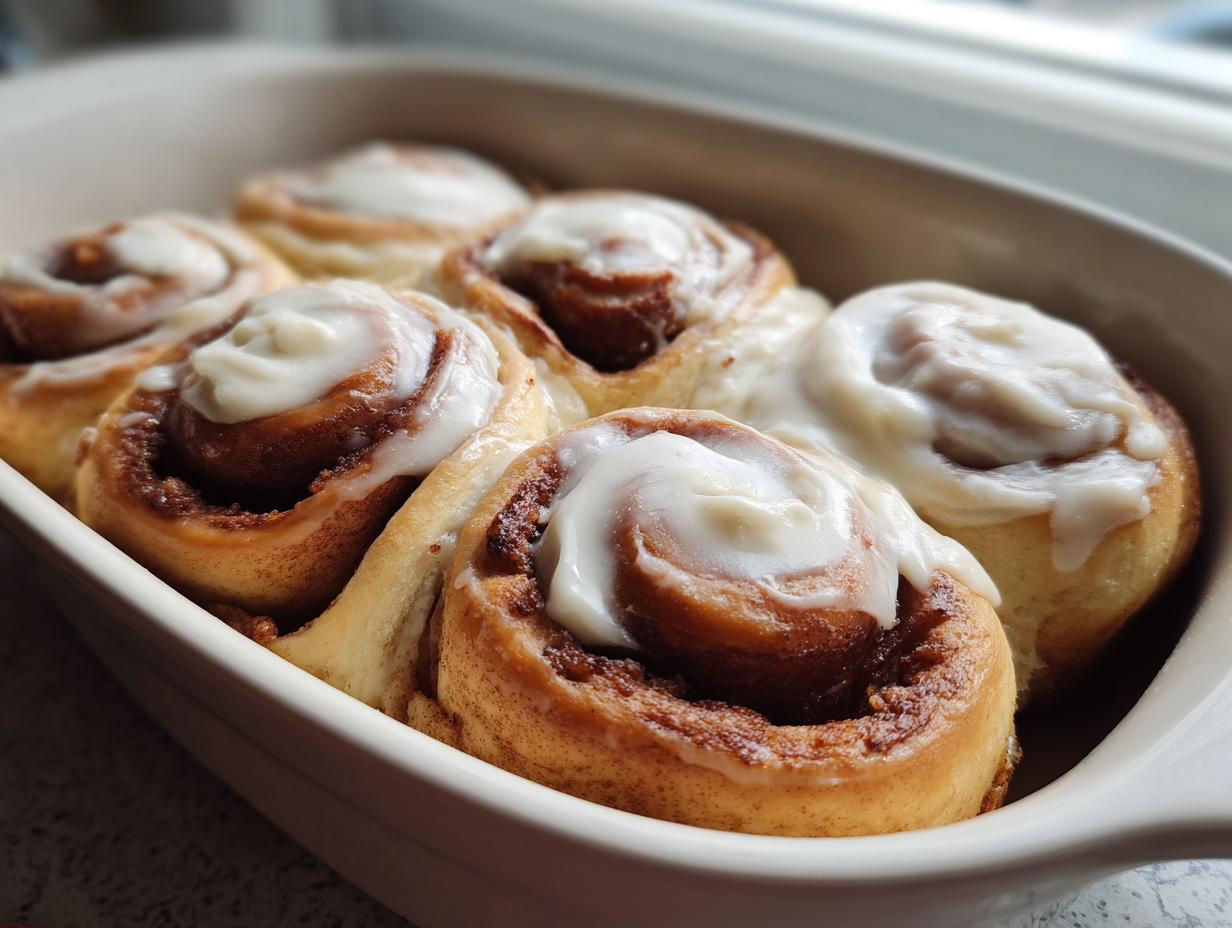 Close-up of freshly baked soft cinnamon buns topped with thick white icing in a baking dish.