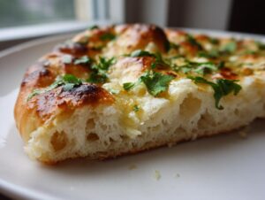 Cross-section view showing the fluffy interior of homemade naan bread topped with melted butter, garlic, and fresh cilantro.