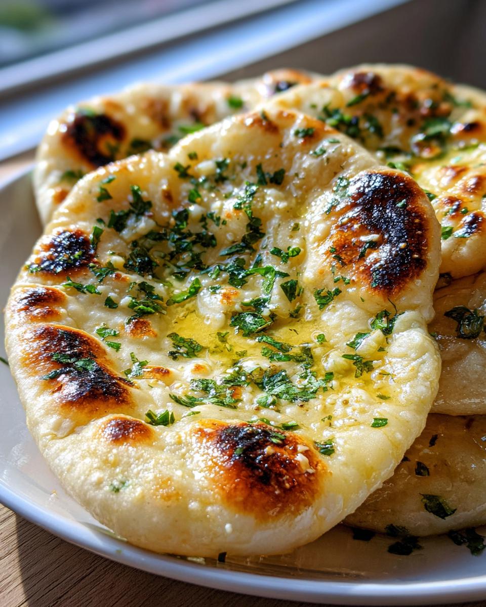 Close-up of freshly made, soft skillet naan bread brushed with melted butter, garlic, and chopped parsley.