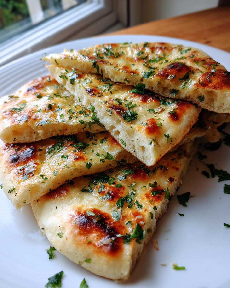 Close-up of fluffy, skillet-cooked naan bread slices topped with melted butter and fresh chopped parsley.