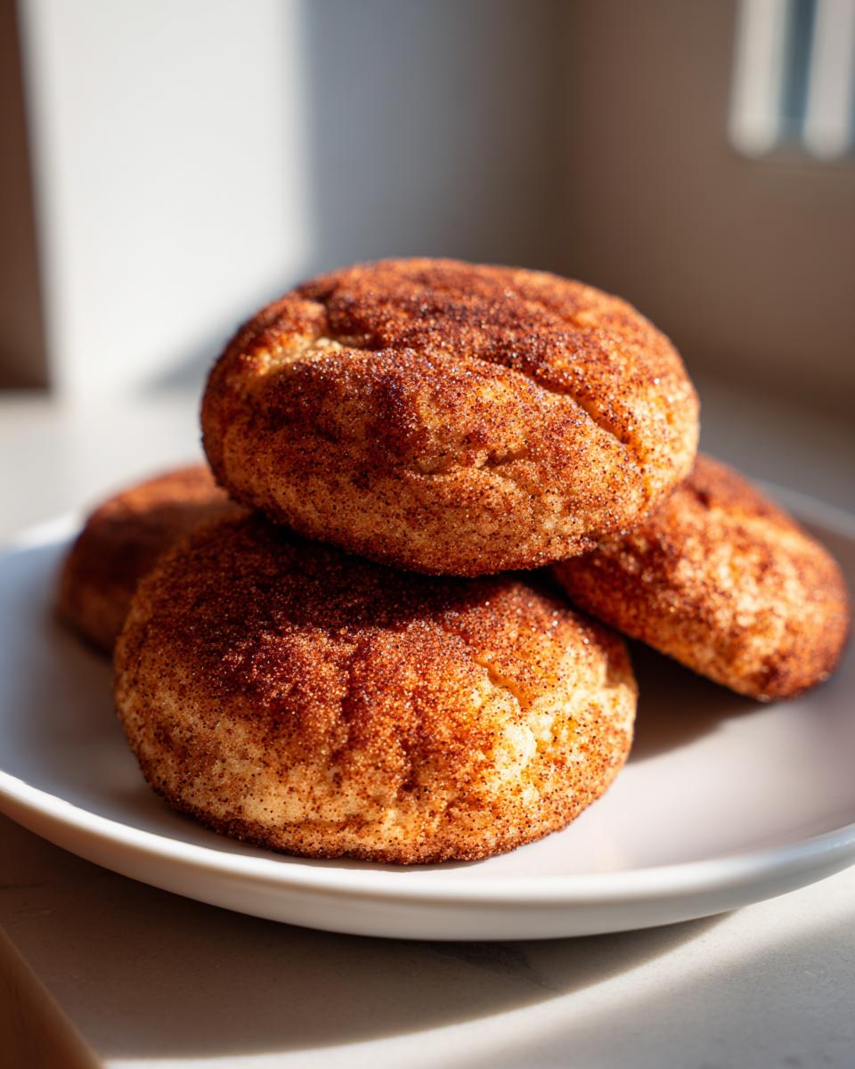 A close-up of soft Snickerdoodle cookies generously coated in cinnamon sugar, stacked on a white plate.