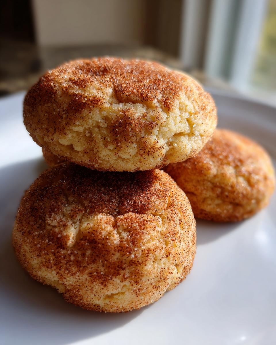 Close-up of three soft Snickerdoodle cookies coated in cinnamon sugar, stacked on a white plate.