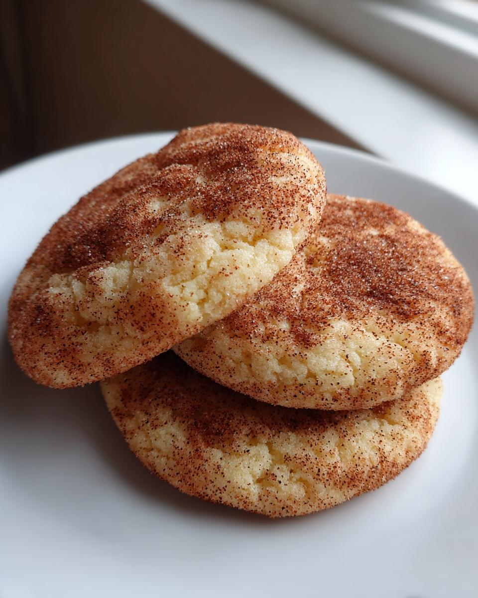 Three soft Snickerdoodle cookies, generously coated in cinnamon sugar, stacked on a white plate.