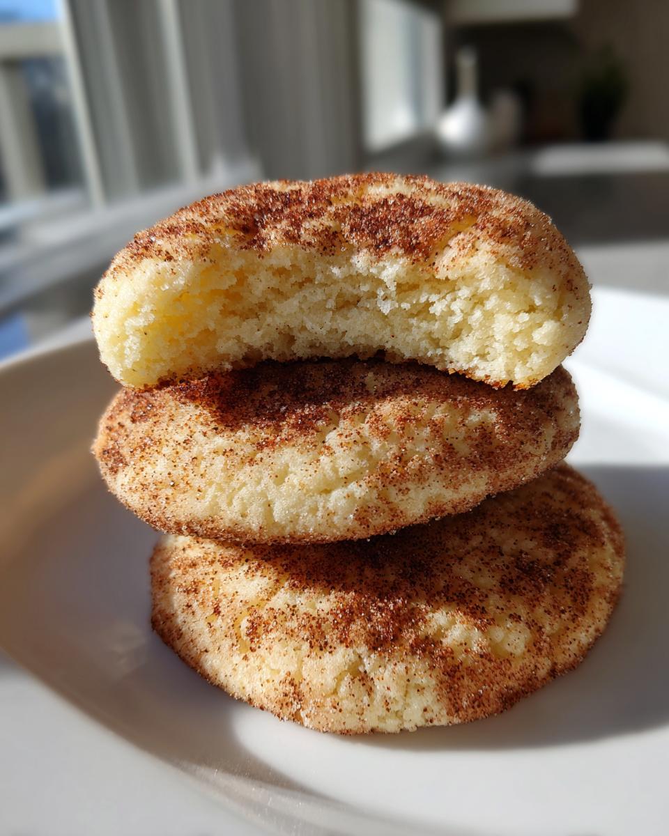 A stack of three soft Snickerdoodle cookies, with the top cookie broken in half showing the fluffy interior.