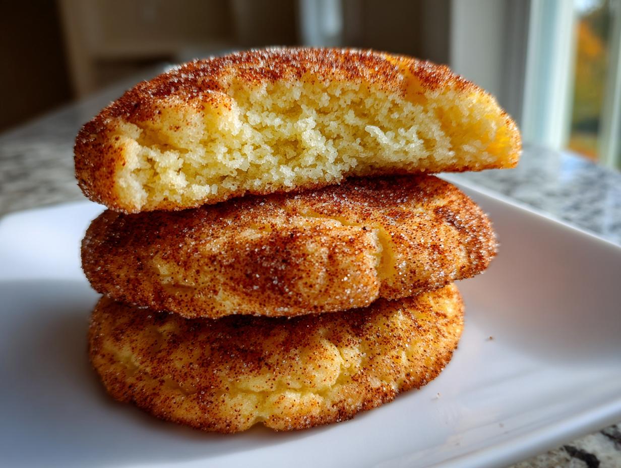 A stack of three soft Snickerdoodle cookies, with the top one broken to show the fluffy interior.