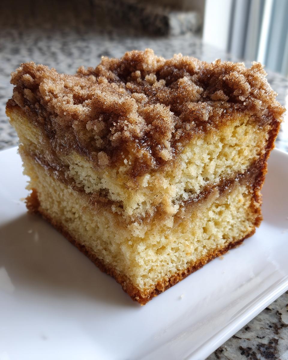 Close-up of a moist slice of sour cream Coffee cake featuring a thick cinnamon streusel topping and middle layer.
