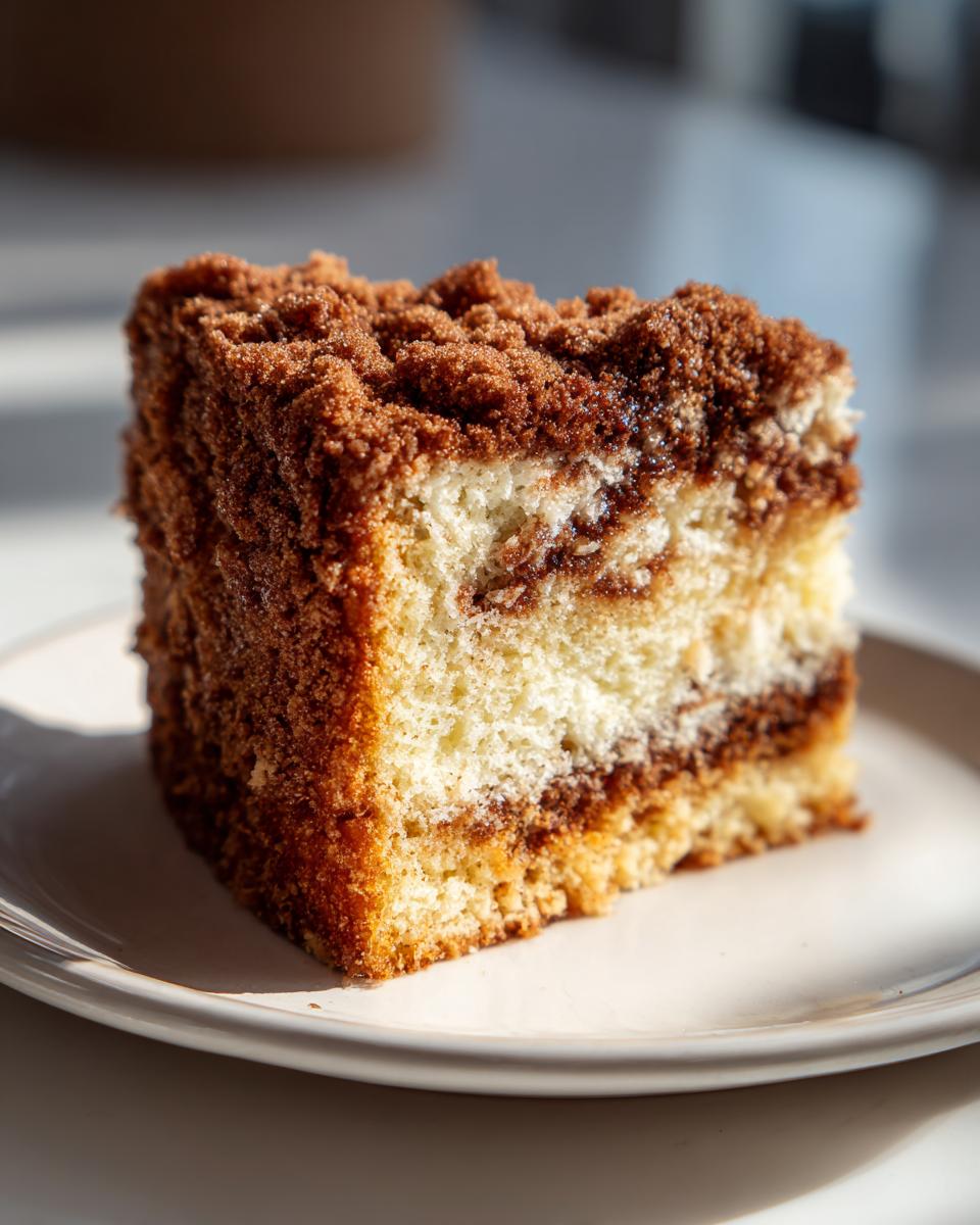 A close-up of a moist slice of sour cream Coffee cake featuring a thick, dark brown cinnamon streusel topping.