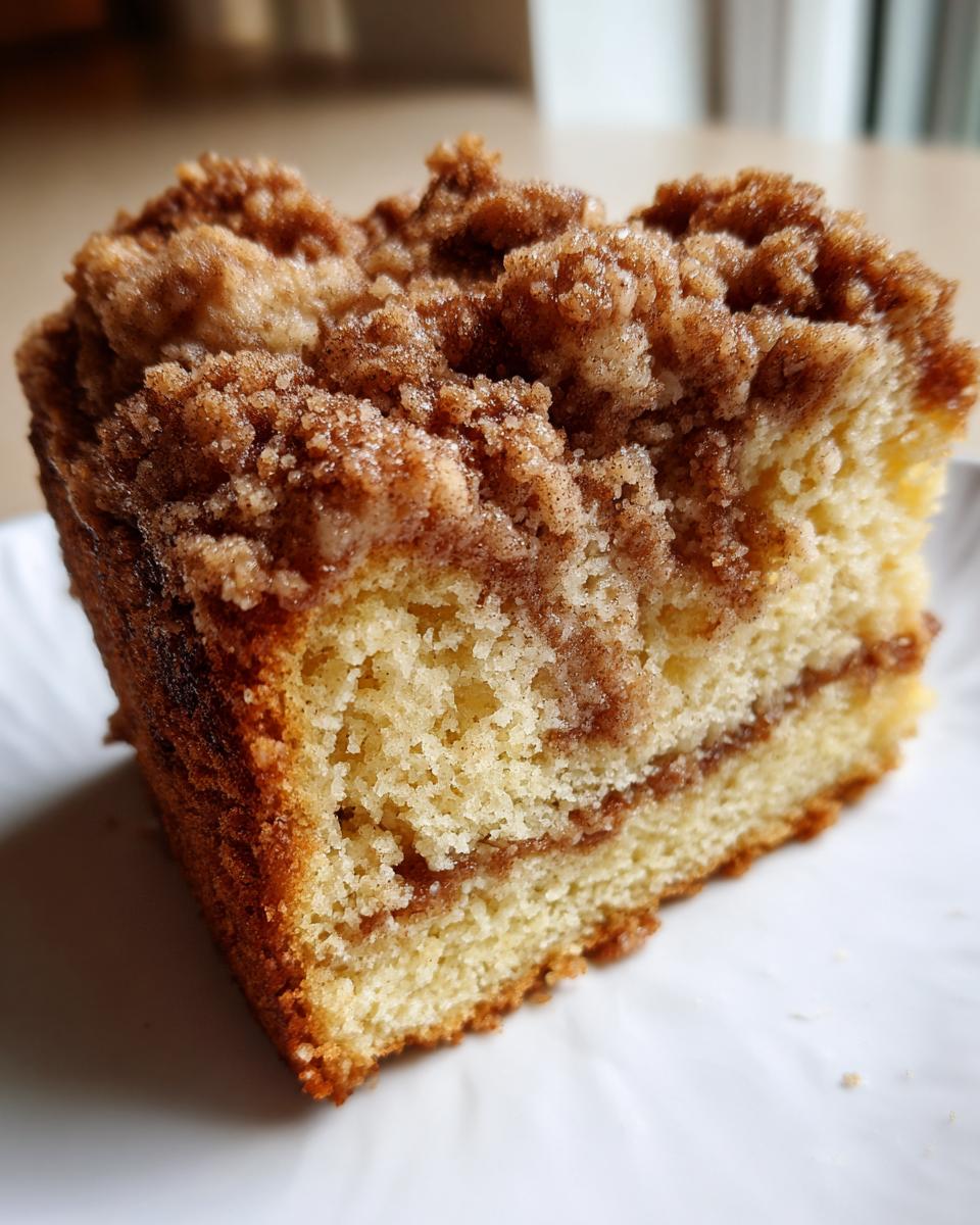 Close-up of a moist slice of sour cream Coffee cake featuring a thick cinnamon streusel topping and swirl.