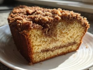 Close-up of a moist slice of sour cream Coffee cake showing the cinnamon swirl and thick crumb topping.