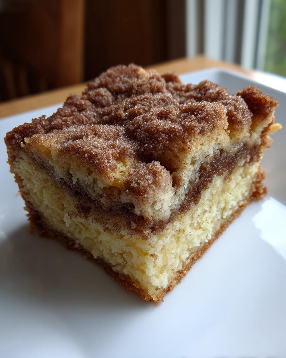 Close-up of a moist slice of sour cream coffee cake featuring a thick cinnamon swirl and sugary crumb topping.