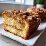 Close-up of a moist slice of sour cream coffee cake featuring a thick, sugary cinnamon crumb topping.