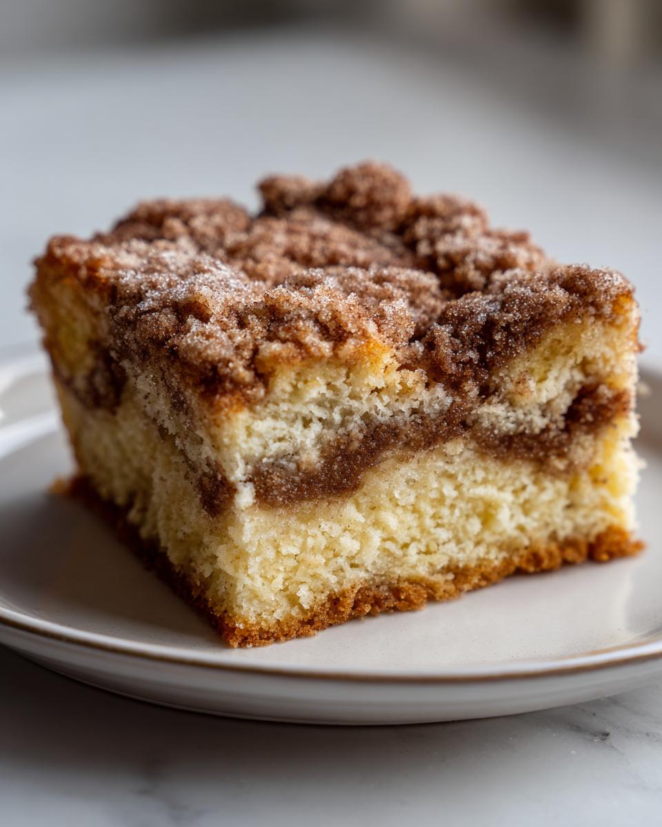 Close-up of a square slice of sour cream coffee cake featuring a thick cinnamon swirl and generous crumb topping.