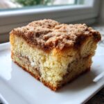 A close-up of a moist slice of sour cream coffee cake featuring a thick, sugary cinnamon streusel topping.