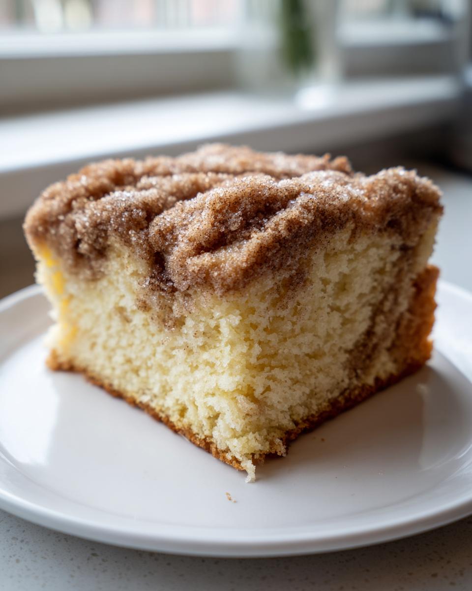 A close-up of a moist slice of sour cream coffee cake topped with thick, sugary cinnamon streusel.