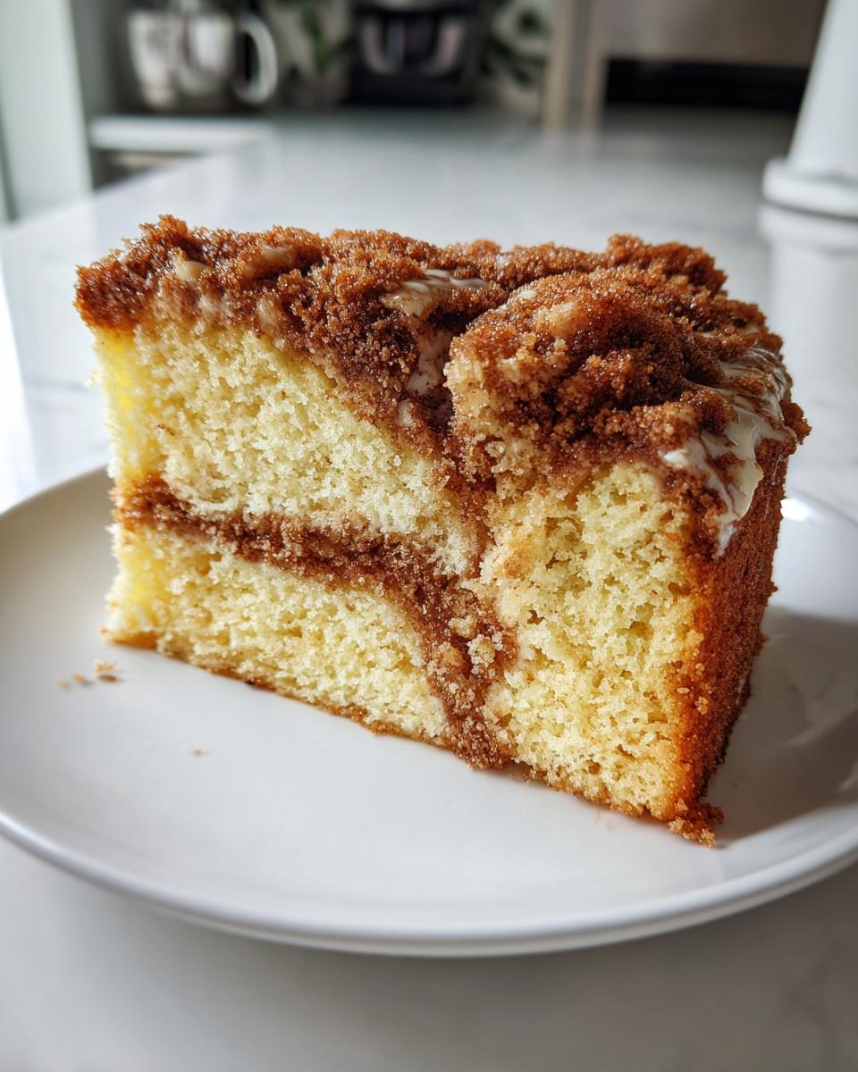 A moist slice of sour cream Coffee cake featuring a thick cinnamon streusel layer and light glaze.