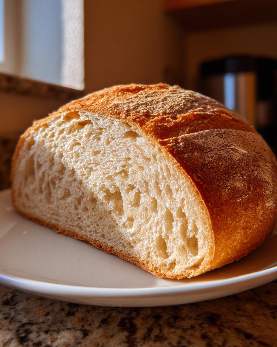 Close-up of a freshly baked sourdough sandwich bread loaf, cut to show the soft, airy crumb structure.