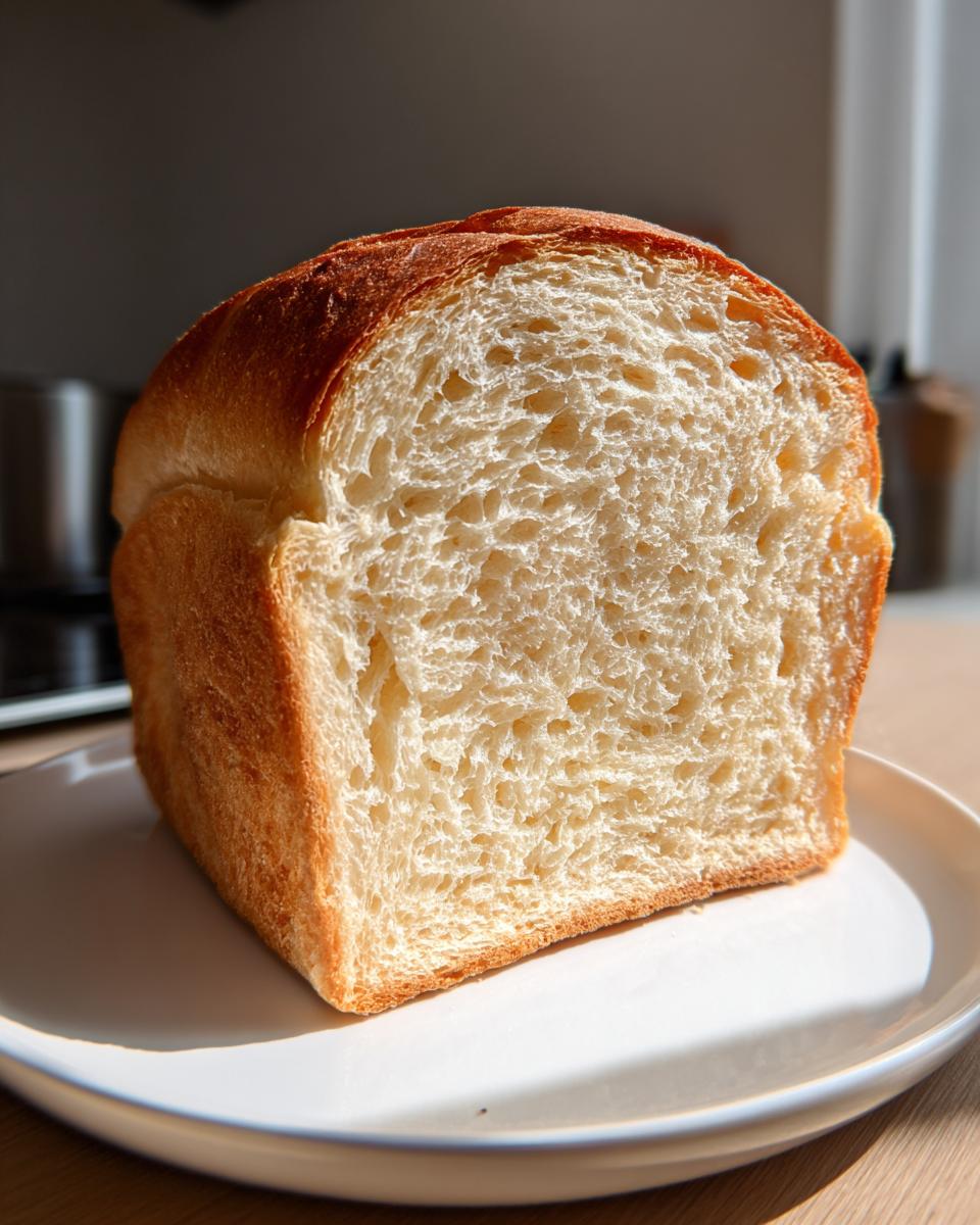 Close-up of the soft, white interior crumb of a freshly baked sourdough sandwich bread loaf.