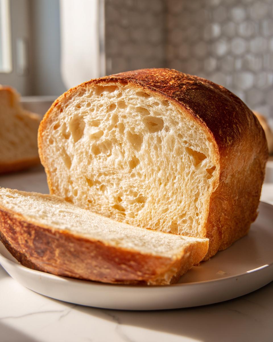 A loaf of golden-crusted sourdough sandwich bread sliced open to show its soft, airy interior crumb.