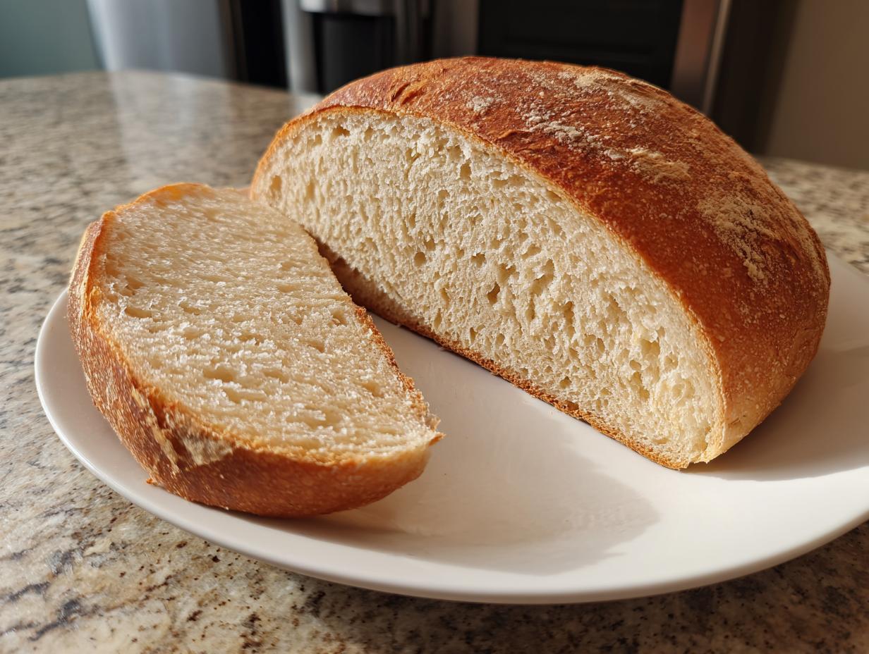 A freshly baked sourdough sandwich bread loaf, cut in half to show the soft, airy crumb texture.