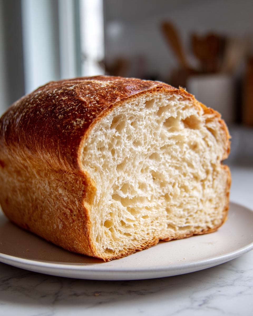 Close-up of a freshly baked sourdough sandwich bread loaf showing its soft, airy crumb and golden crust.