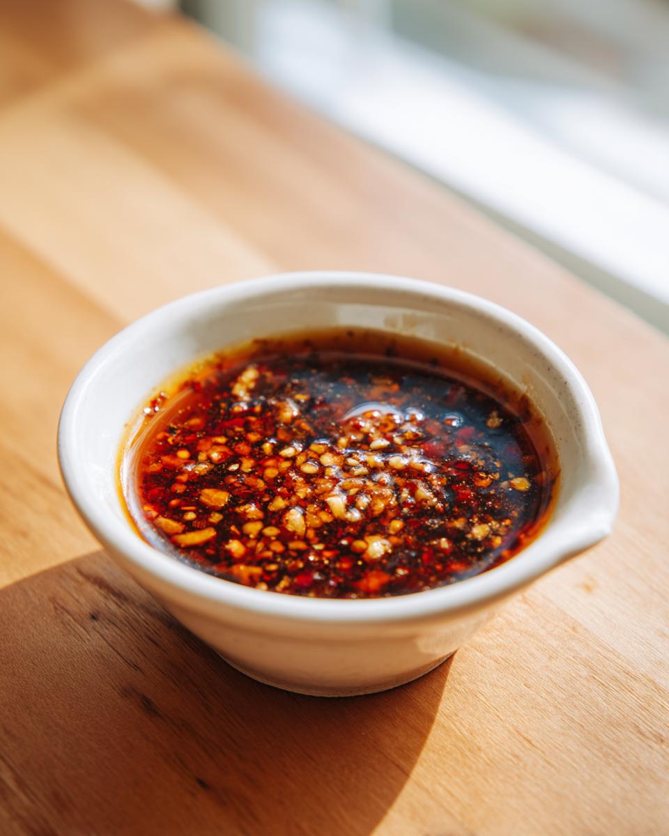 Close-up of a rich, spicy Dumpling Sauce with visible chili flakes and seeds in a small white dipping bowl.