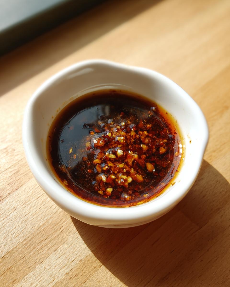 Close-up of a small white bowl containing rich, dark Dumpling Sauce topped with visible chili flakes and minced garlic.