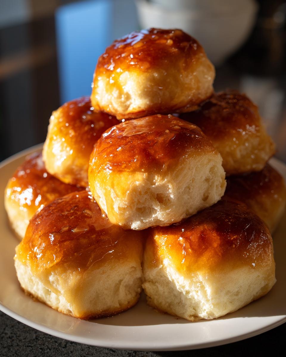 A tempting stack of freshly baked, golden Texas Roadhouse rolls covered in a shiny honey butter glaze.