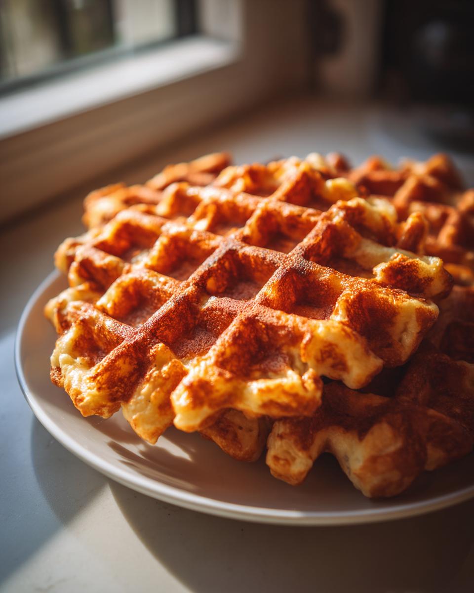 A stack of golden brown, crispy high protein waffles dusted with cinnamon, resting on a white plate near a window.