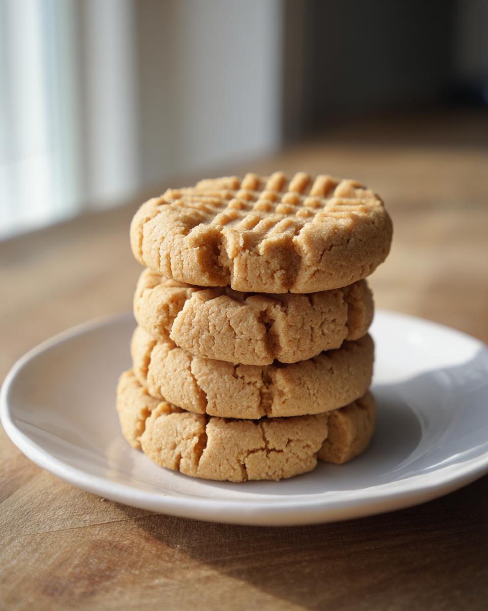 A stack of four classic peanut butter cookies with fork marks, sitting on a white plate.