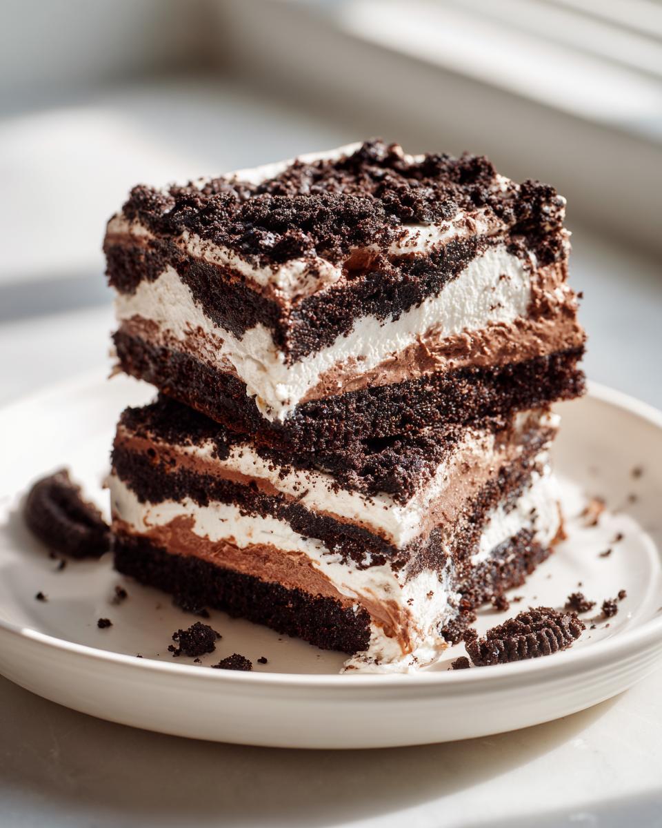Two stacked slices of rich, layered dirt cake featuring dark chocolate cake, white cream, and chocolate mousse layers, topped with cookie crumbs.