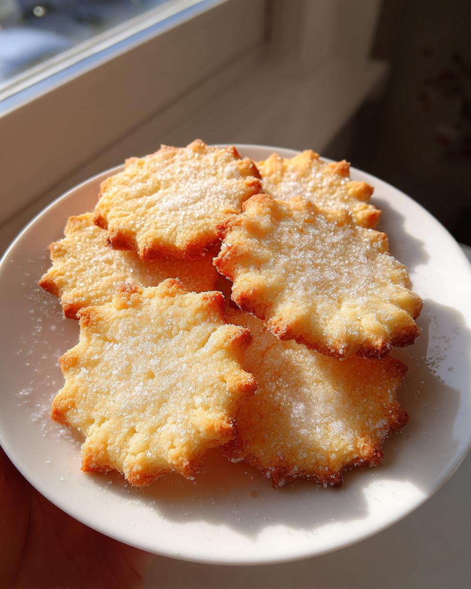 Five golden, star-shaped butter cookie treats dusted heavily with granulated sugar on a white plate.
