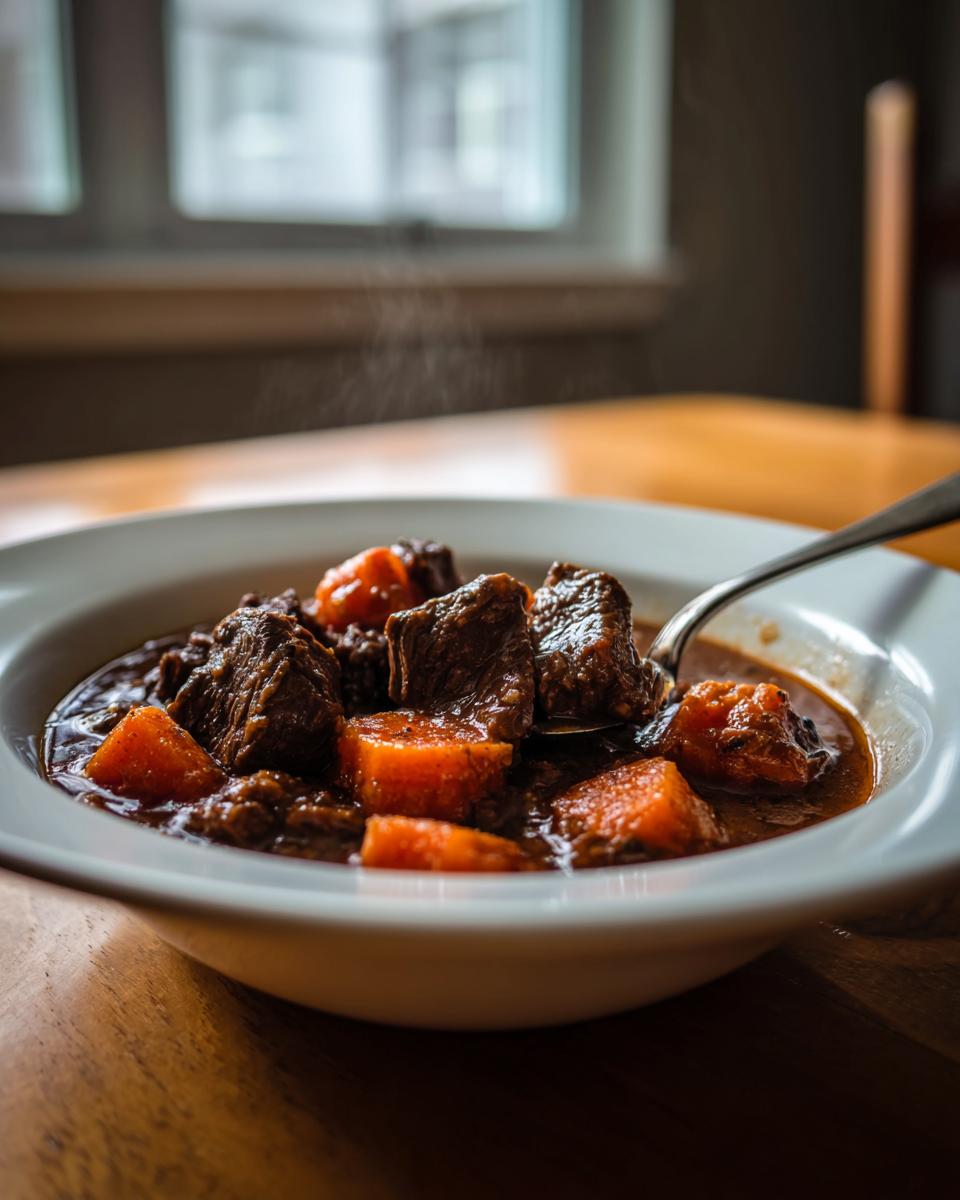 Close-up of a steaming white bowl filled with rich crockpot beef stew chunks and bright orange carrots.