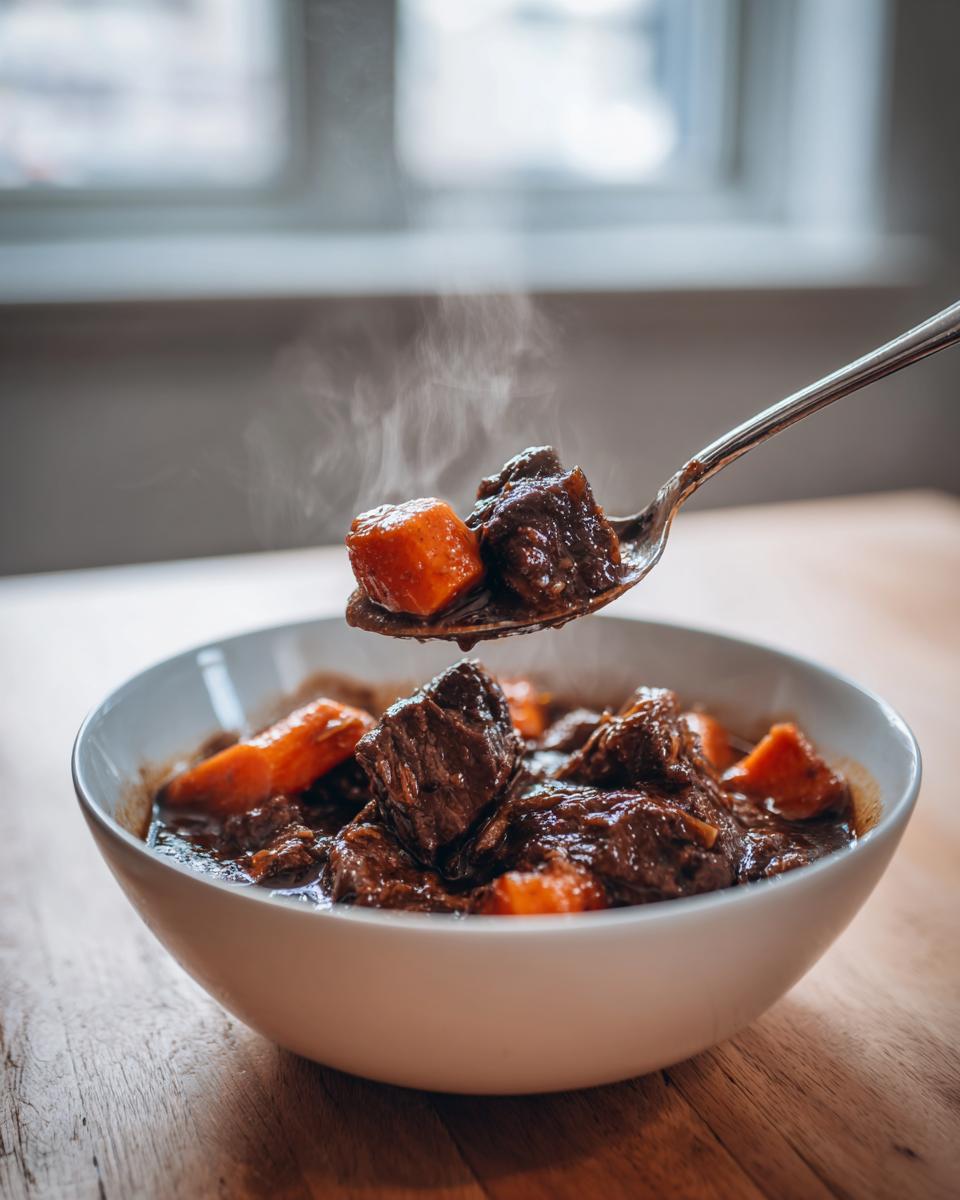 A spoonful of hot crockpot beef stew, featuring tender beef chunks and carrots, lifted above a white bowl.