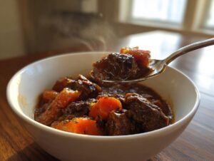 A spoonful of steaming crockpot beef stew, featuring tender beef chunks and carrots, lifted from a white bowl.