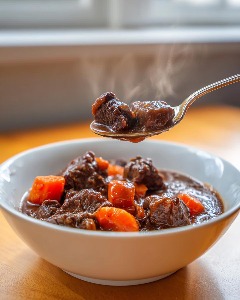 A spoonful of tender beef chunks lifted from a bowl of hot crockpot beef stew with carrots.