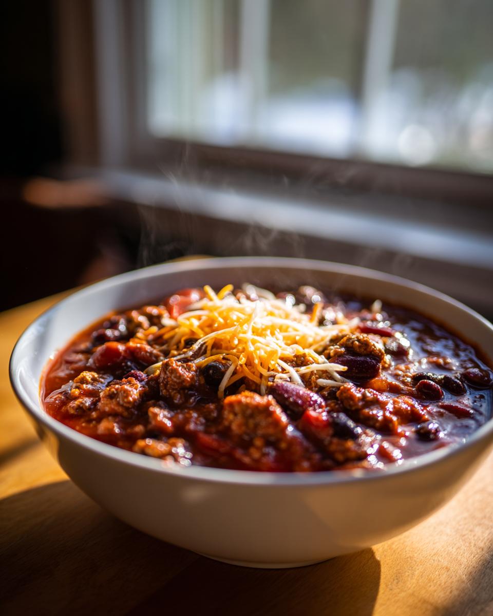A close-up of a steaming white bowl filled with rich, hearty crockpot chili topped with shredded cheddar cheese.