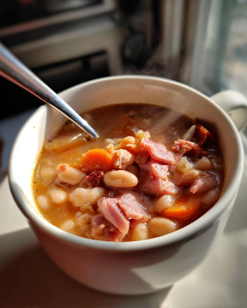 Close-up of a steaming white mug filled with hearty navy bean soup, featuring white beans, chunks of ham, and carrots.
