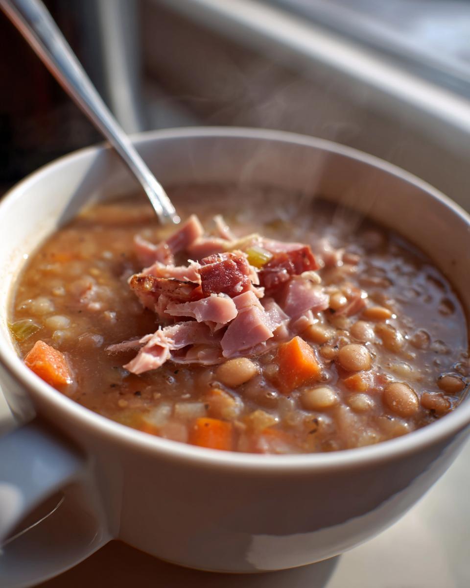 Close-up of a steaming white bowl filled with thick navy bean soup, topped with shredded ham and visible carrots.