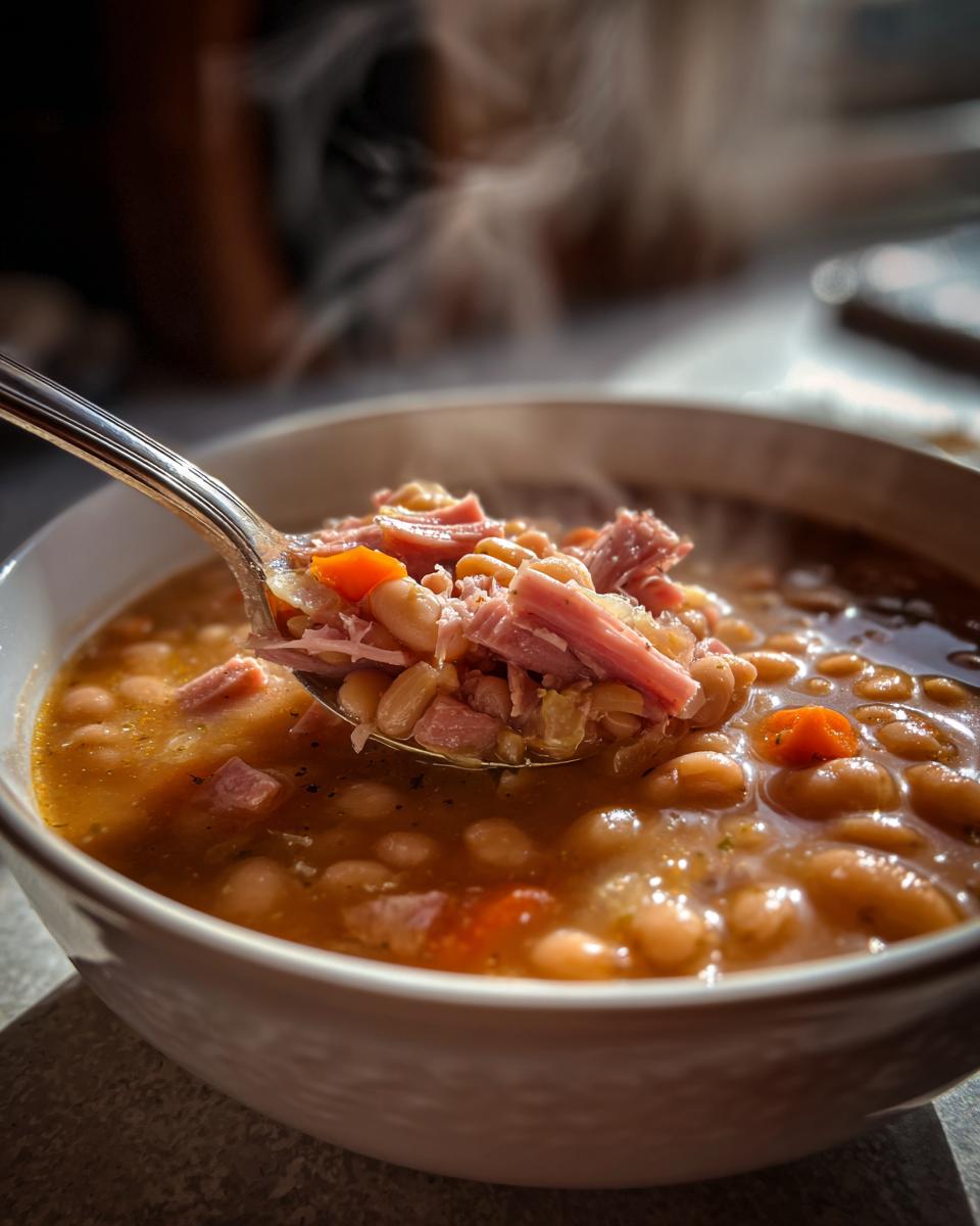 A spoonful of hot navy bean soup, rich with white beans, shredded ham, and carrots, steaming above a white bowl.