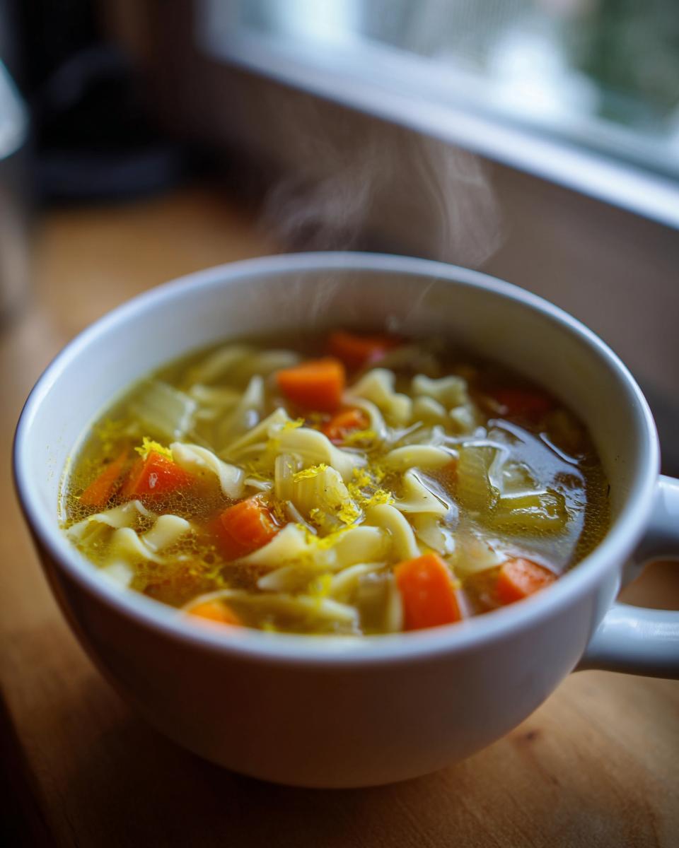 A steaming white mug filled with hot penicillin soup, featuring egg noodles, chopped carrots, and lemon zest.