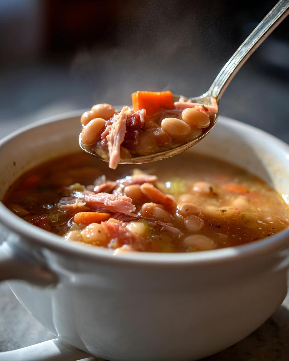 A spoonful of hot navy bean soup with shredded ham and carrots is lifted from a white bowl.