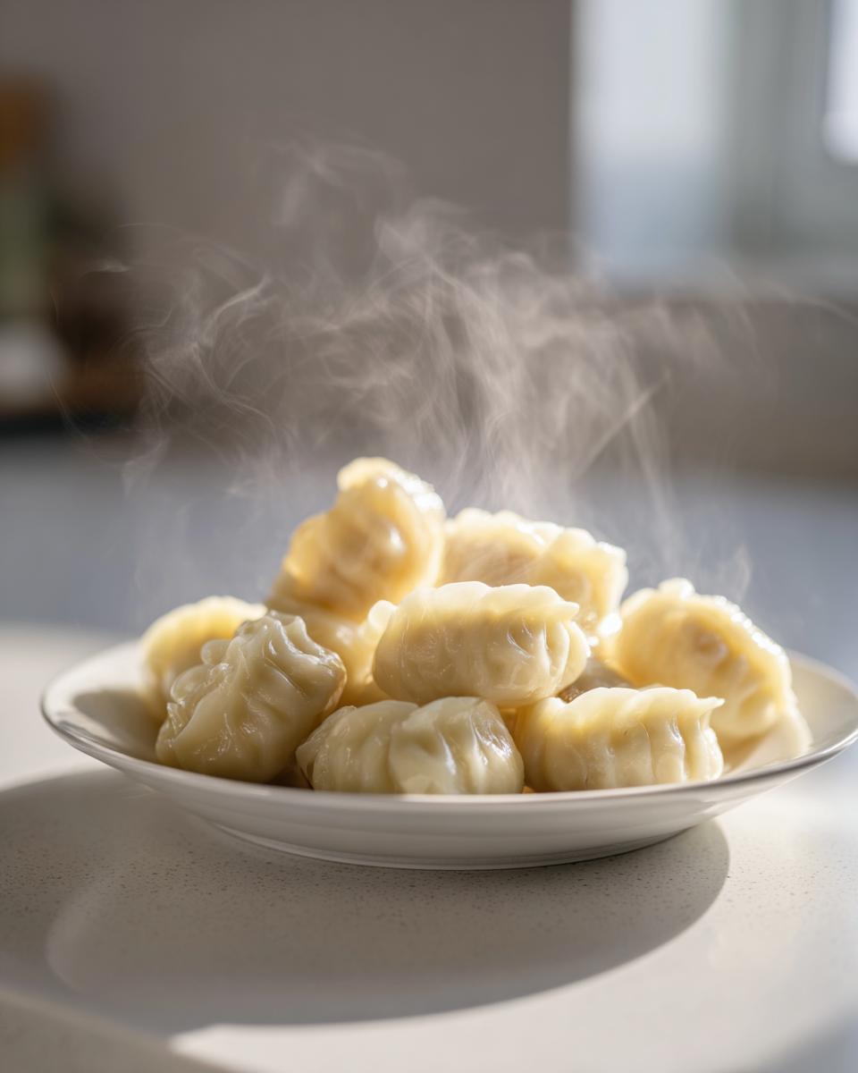 A plate piled high with freshly steamed Traditional Chinese Dumplings, visible steam rising from the hot food.