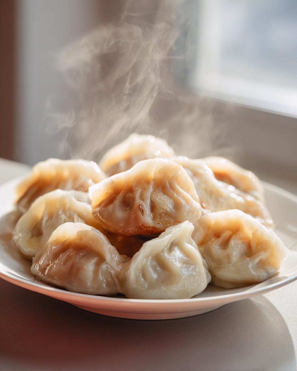 A close-up of freshly steamed Traditional Chinese Dumplings piled on a white plate, with visible steam rising.