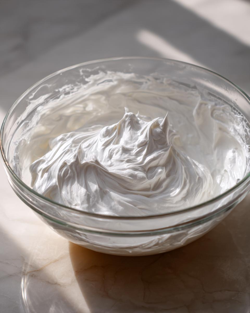 Close-up of thick, white royal icing recipe mixture with stiff peaks in a clear glass mixing bowl.
