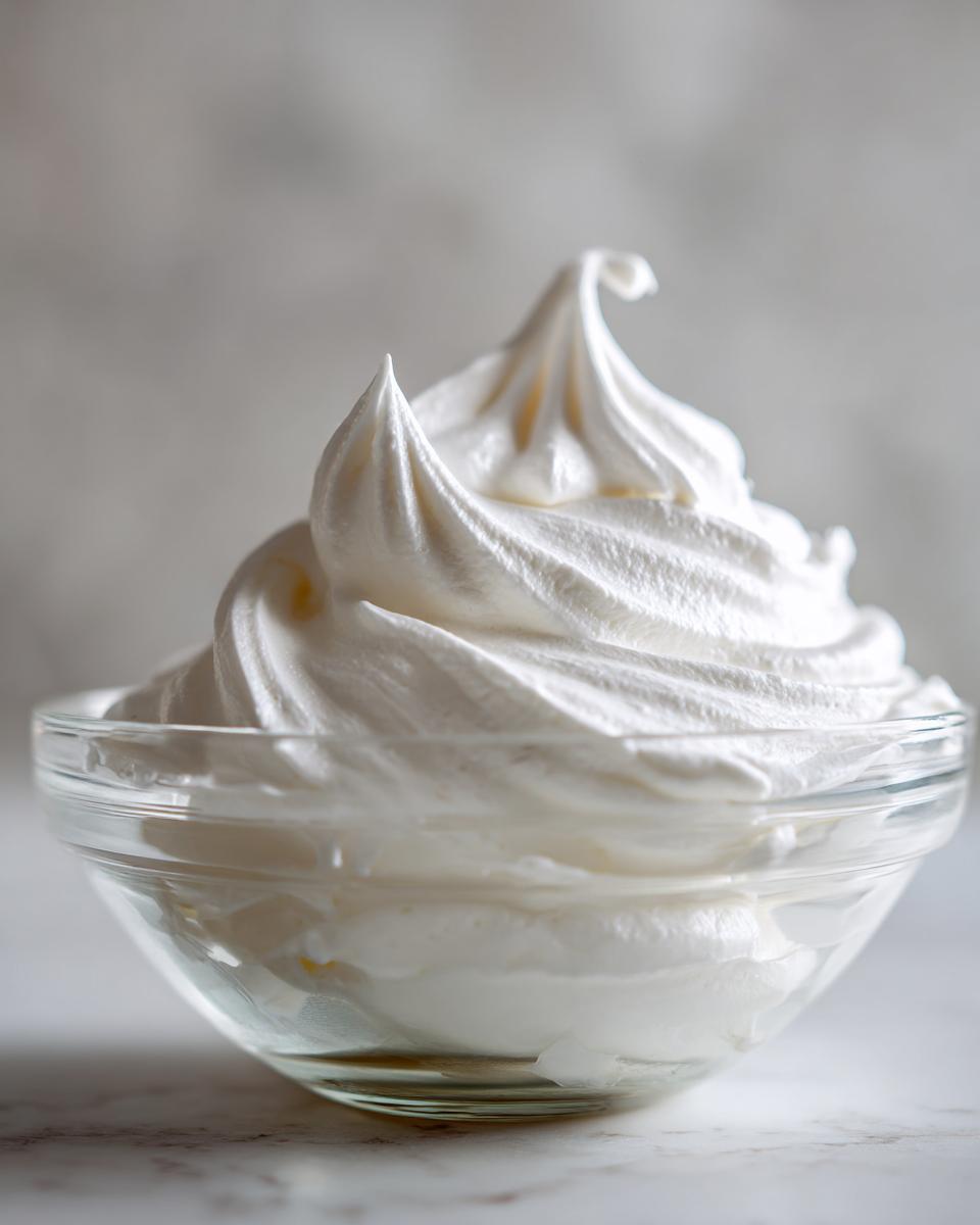 Close-up of perfectly stiff, white royal icing recipe mixture swirled high in a clear glass bowl.