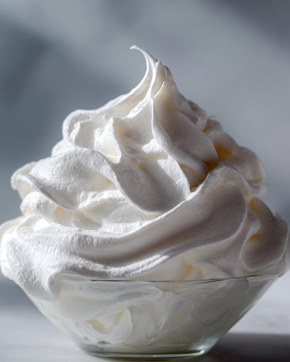 Close-up of stiff, glossy white royal icing recipe mixture piped into a peak in a clear glass bowl.