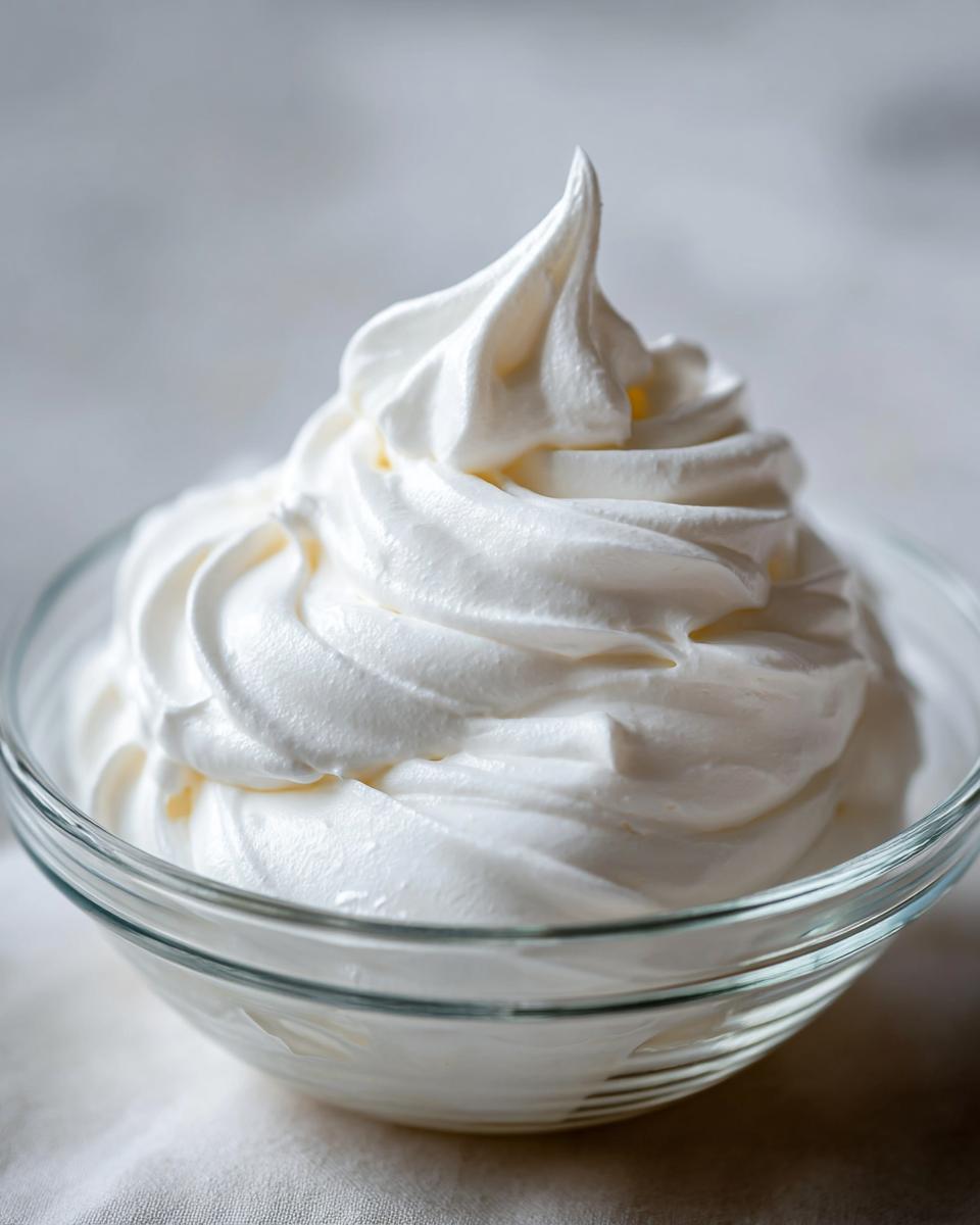 Close-up of stiff, white royal icing recipe mixture piped into a swirl in a clear glass bowl.