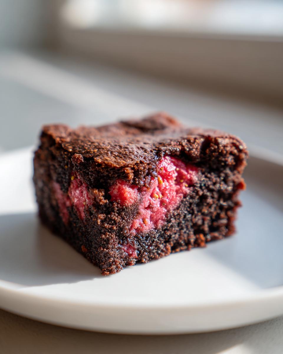 A rich, fudgy square of strawberry brownies featuring a bright pink, fruity center.