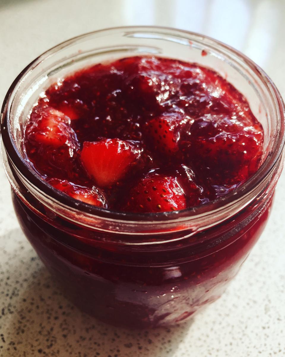 Close-up of a glass jar filled with chunky, vibrant red strawberry christmas jam.